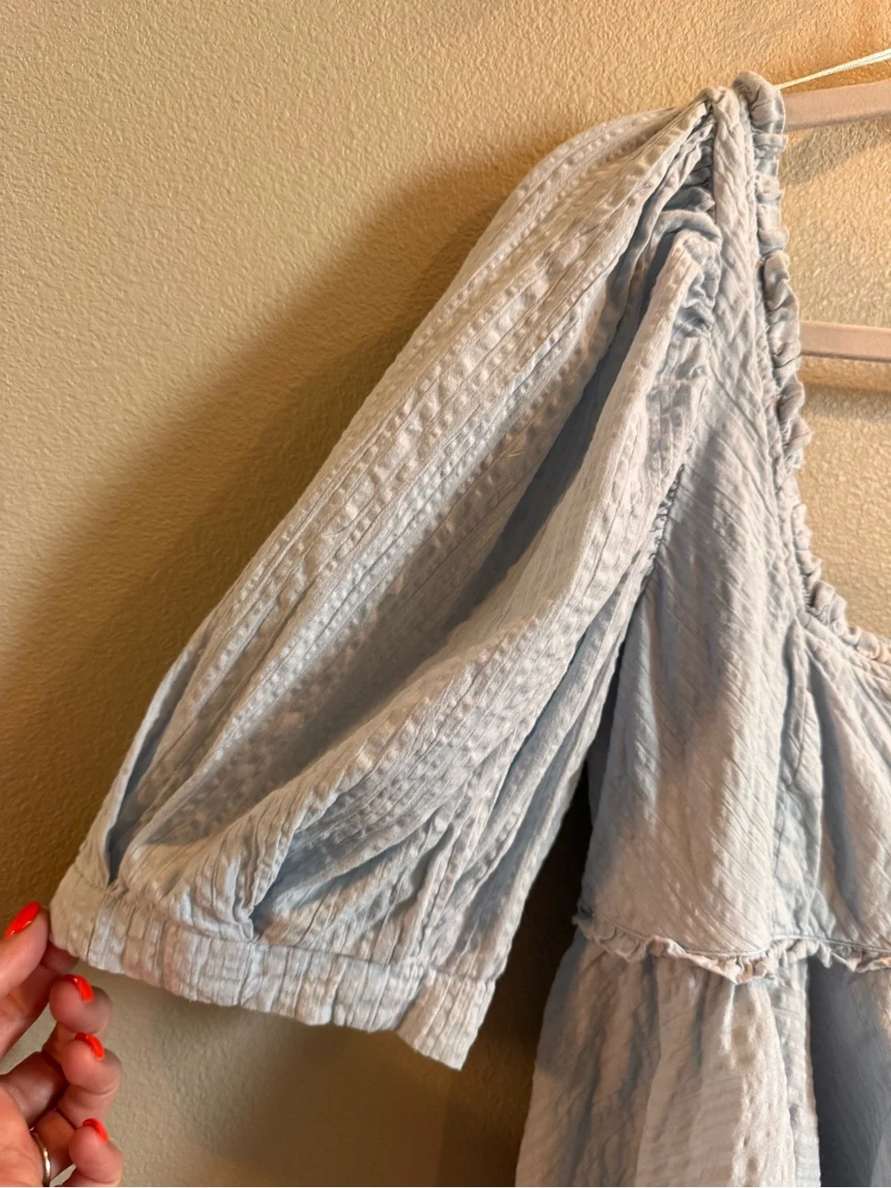 Free People Leave it to Me Pale Blue Square Neck Puff Sleeve Peplum Top